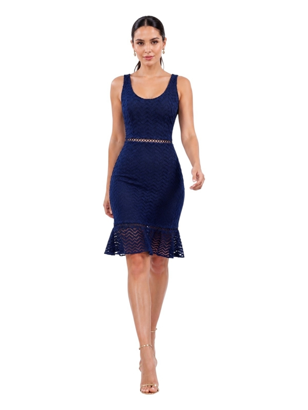 Cheroy Navy Blue Lace Midi Dress – Sleeveless Fit & Flare Cocktail Dress Size M.